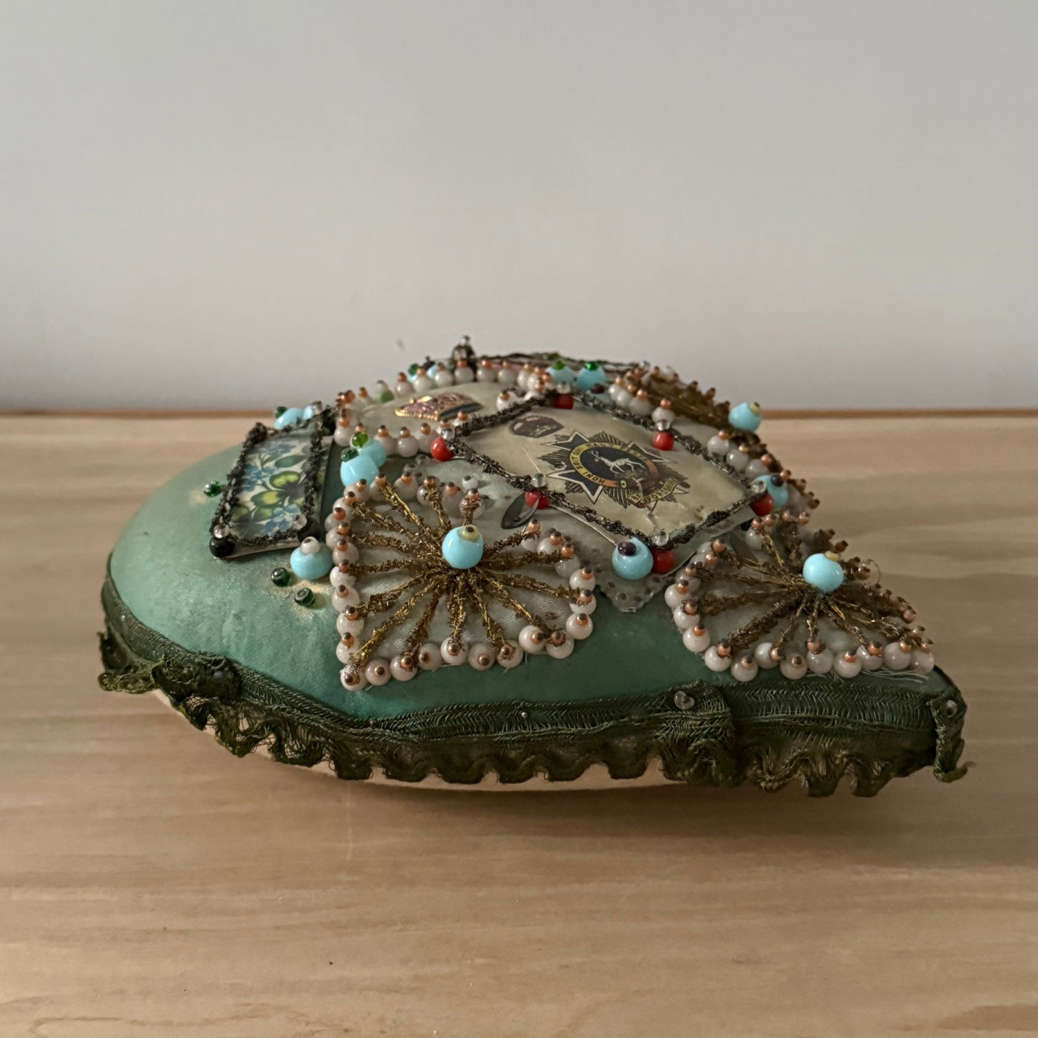 WW1 Bedfordshire Regiment Sweetheart Pincushion Beaded Heart Patriotic Textile