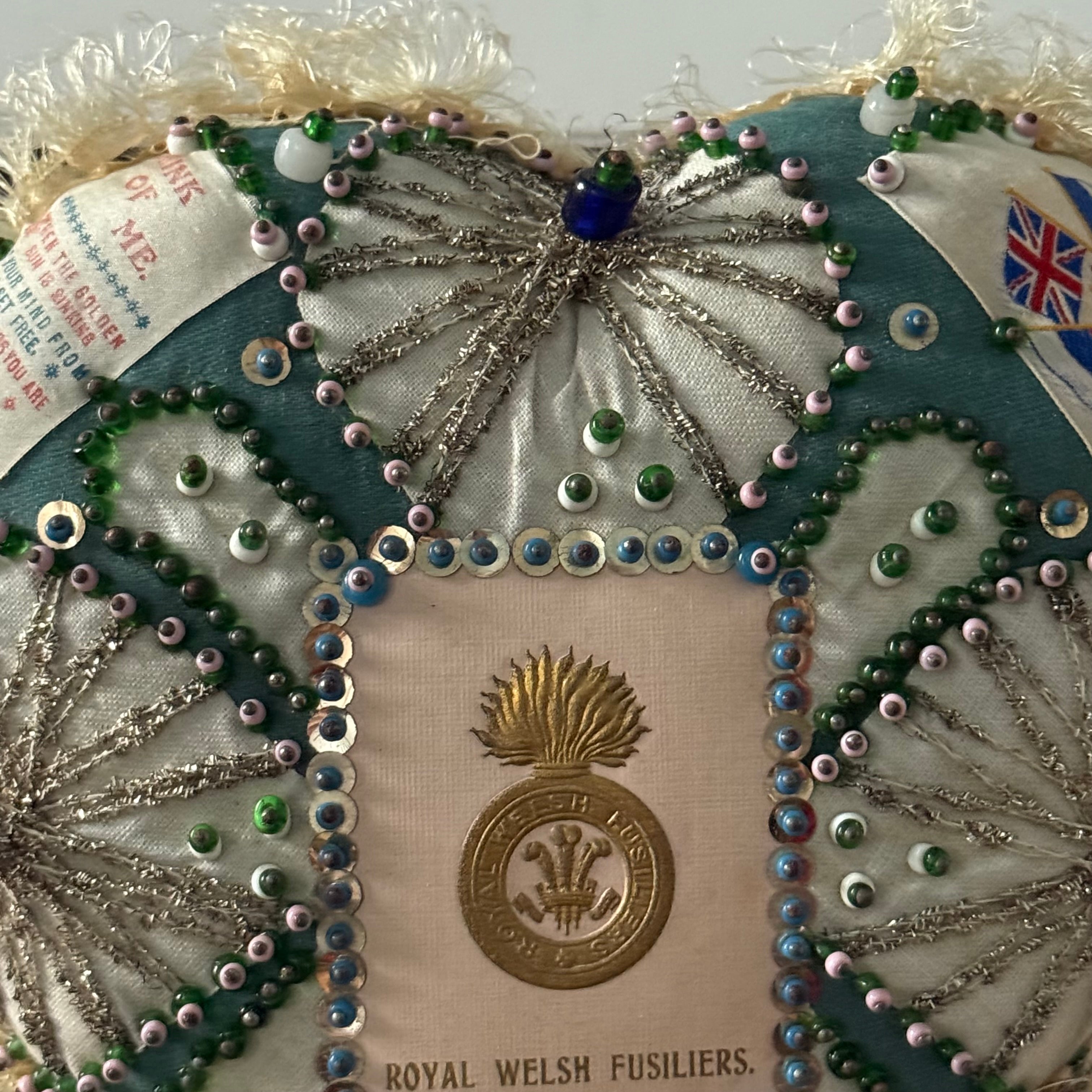 WW1 Royal Welsh Fusiliers Sweetheart Pin Cushion – Beaded Heart Patriotic Textile
