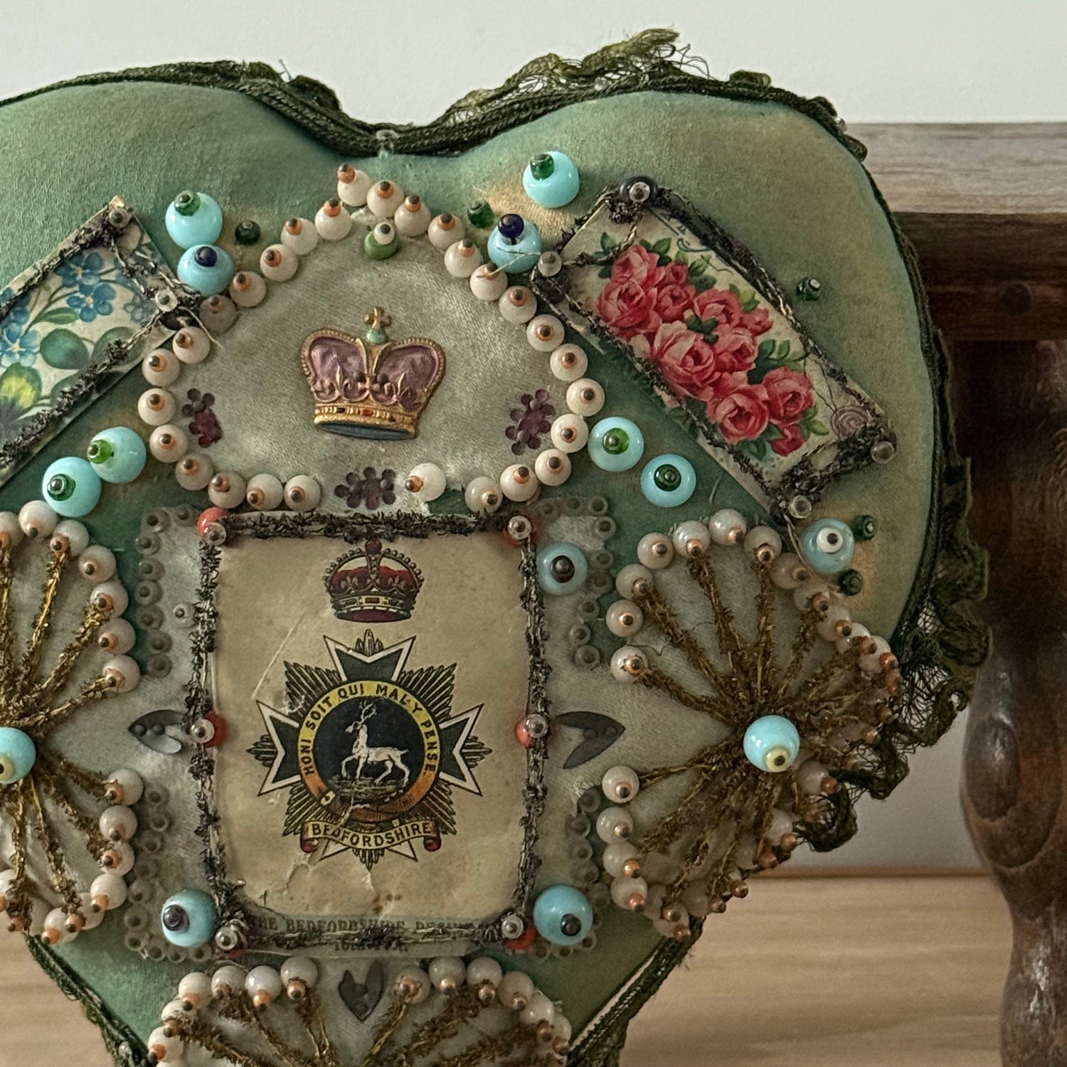 WW1 Bedfordshire Regiment Sweetheart Pincushion Beaded Heart Patriotic Textile