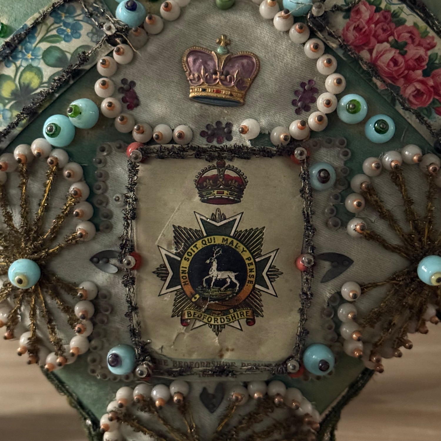 WW1 Bedfordshire Regiment Sweetheart Pincushion Beaded Heart Patriotic Textile