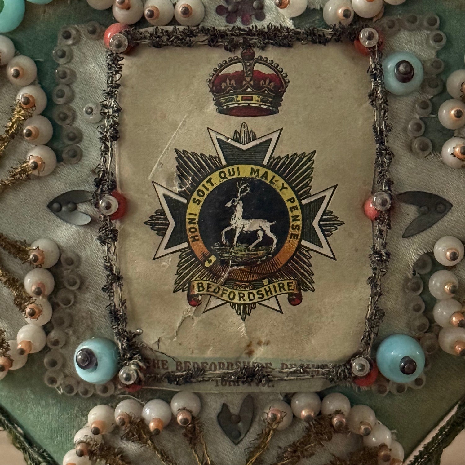 WW1 Bedfordshire Regiment Sweetheart Pincushion Beaded Heart Patriotic Textile