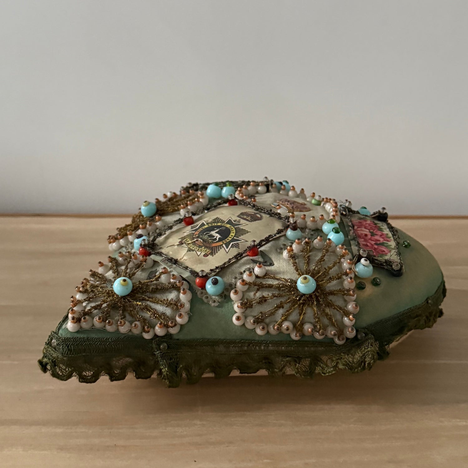 WW1 Bedfordshire Regiment Sweetheart Pincushion Beaded Heart Patriotic Textile