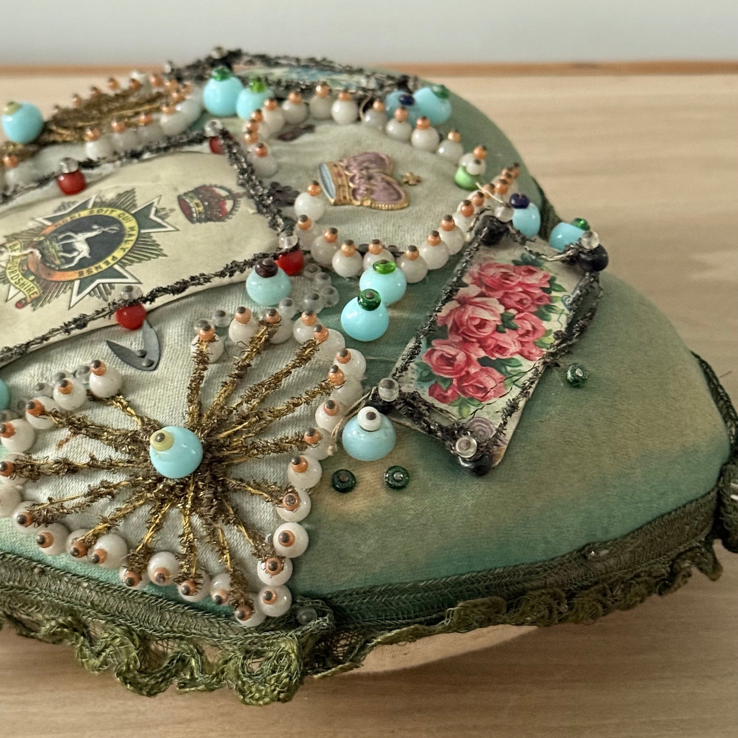 WW1 Bedfordshire Regiment Sweetheart Pincushion Beaded Heart Patriotic Textile