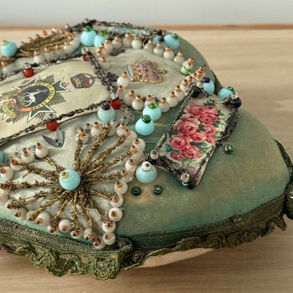 WW1 Bedfordshire Regiment Sweetheart Pincushion Beaded Heart Patriotic Textile