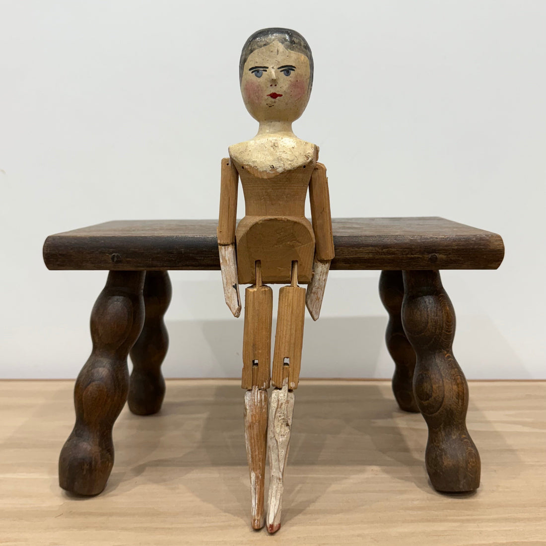 Victorian Peg Wooden Doll with Painted Face Antique Articulated 29cm