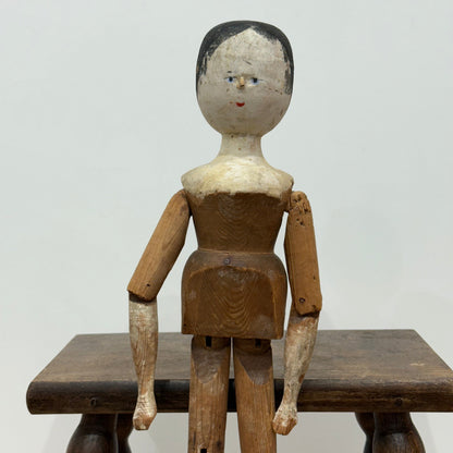 Victorian Peg Wooden Doll with Painted Head Antique Articulated 41.5cm
