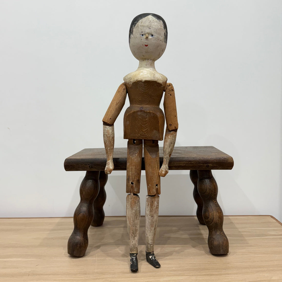 Victorian Peg Wooden Doll with Painted Head Antique Articulated 41.5cm