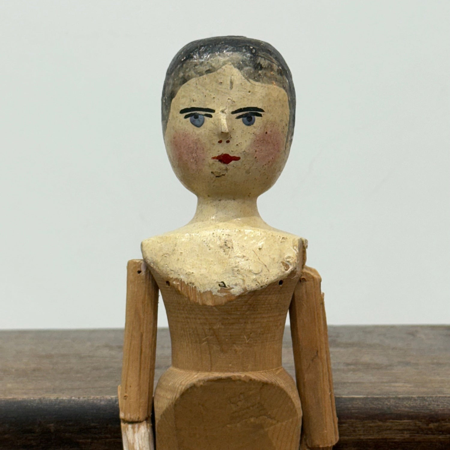 Victorian Peg Wooden Doll with Painted Face Antique Articulated 29cm