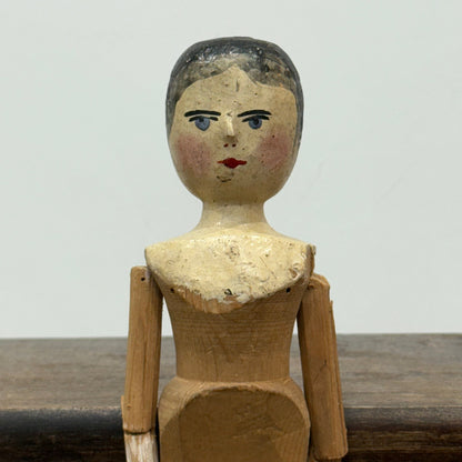 Victorian Peg Wooden Doll with Painted Face Antique Articulated 29cm