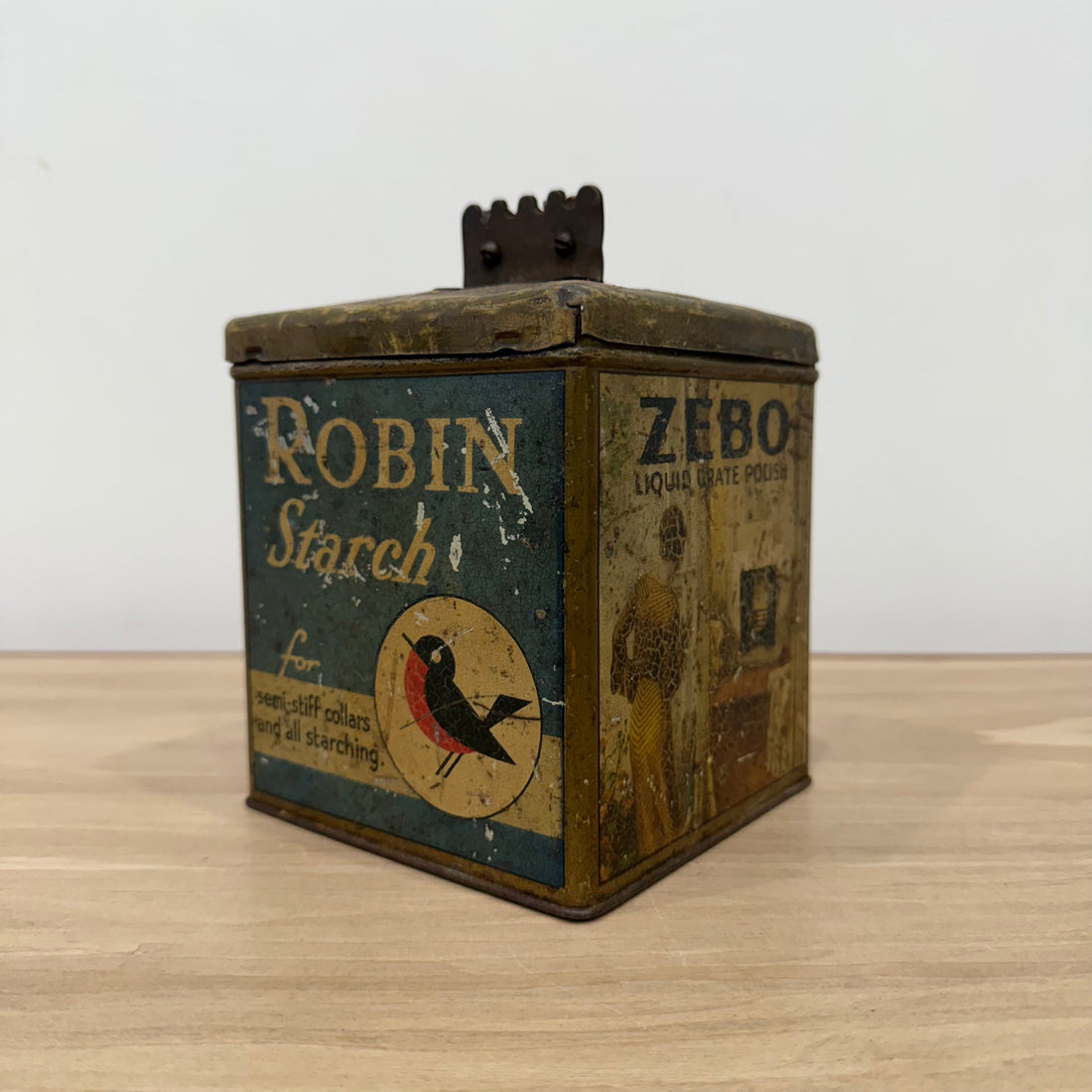 Antique Reckitt Robin Starch Brasso Zebo Advertising Tin String Dispenser c.1910