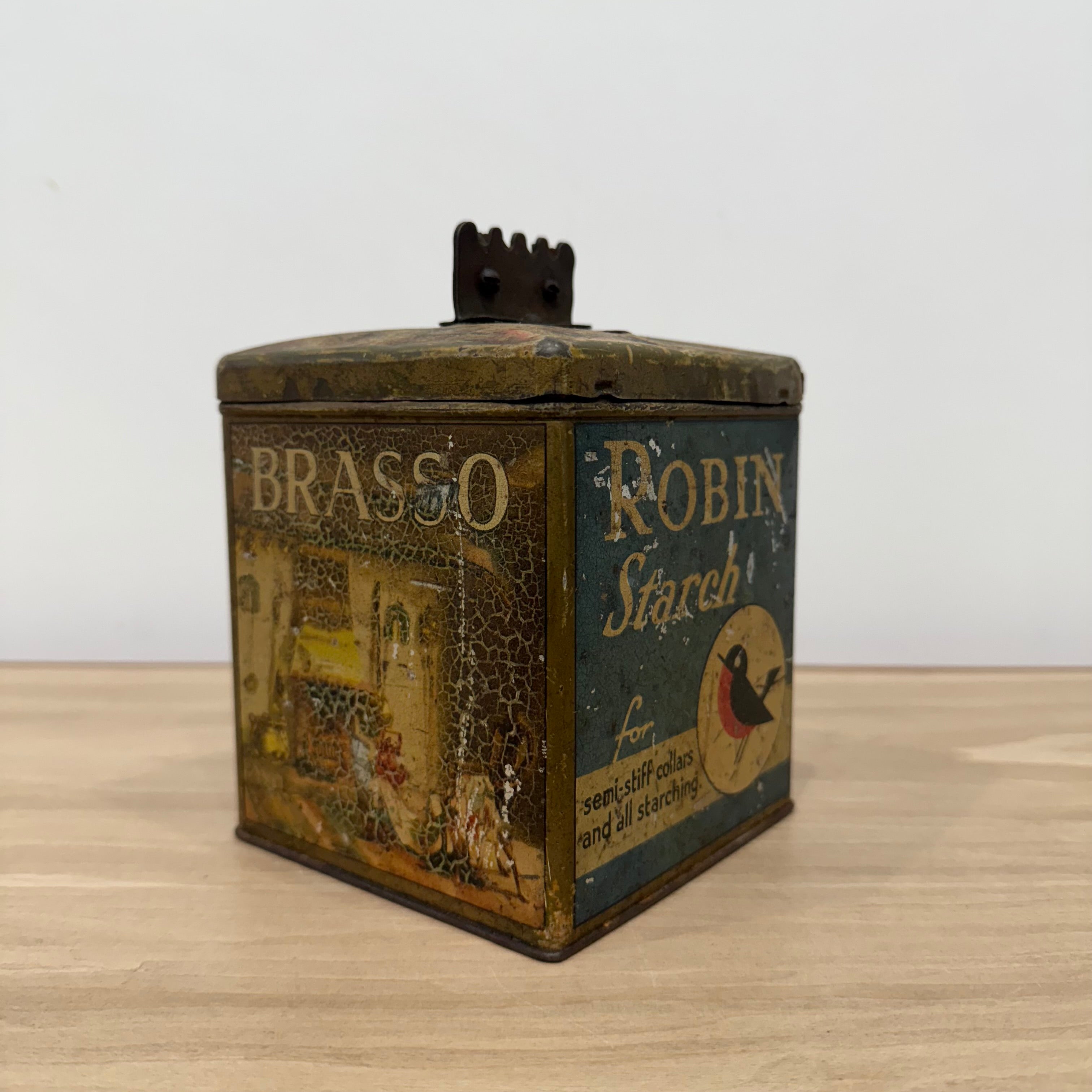 Antique Reckitt Robin Starch Brasso Zebo Advertising Tin String Dispenser c.1910