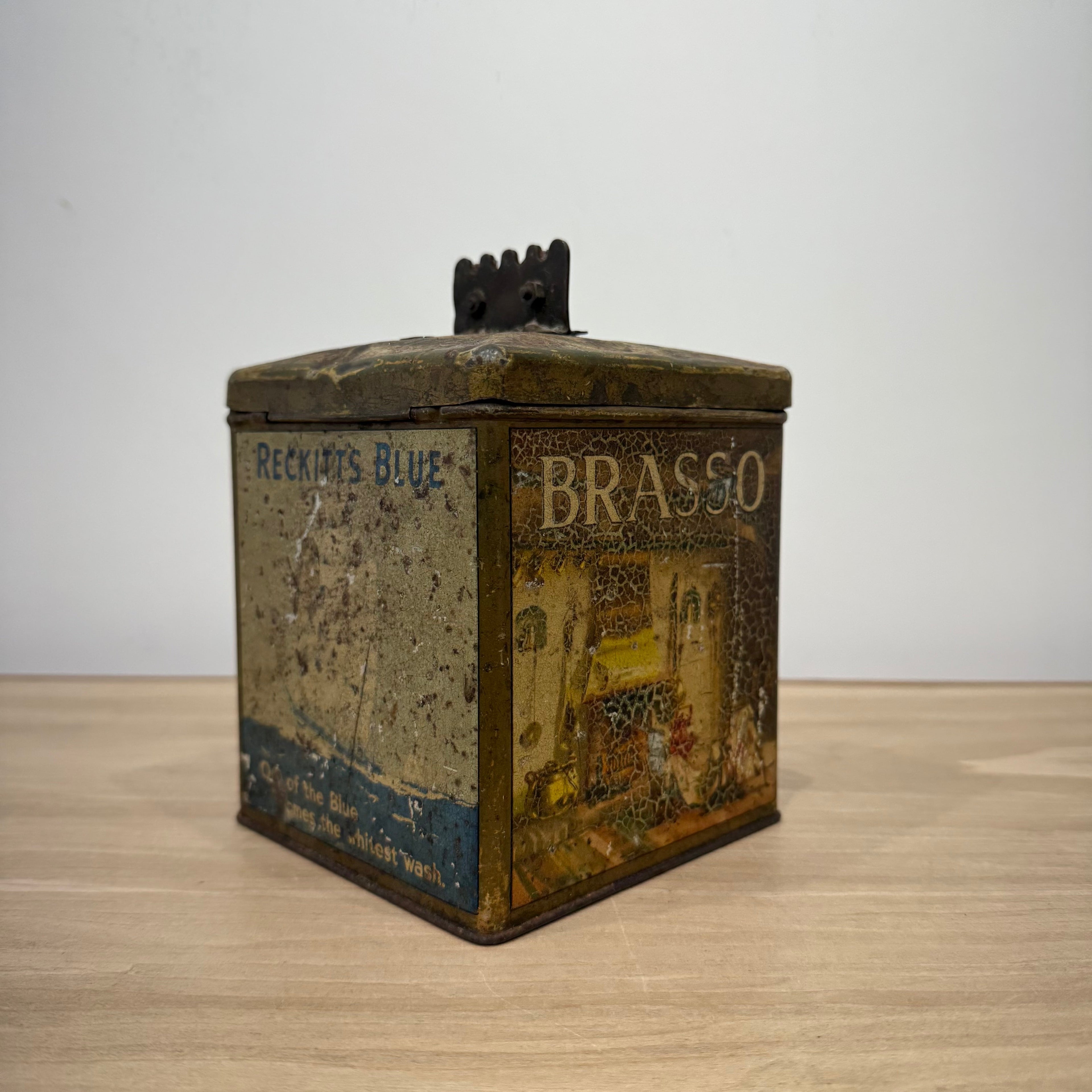 Antique Reckitt Robin Starch Brasso Zebo Advertising Tin String Dispenser c.1910
