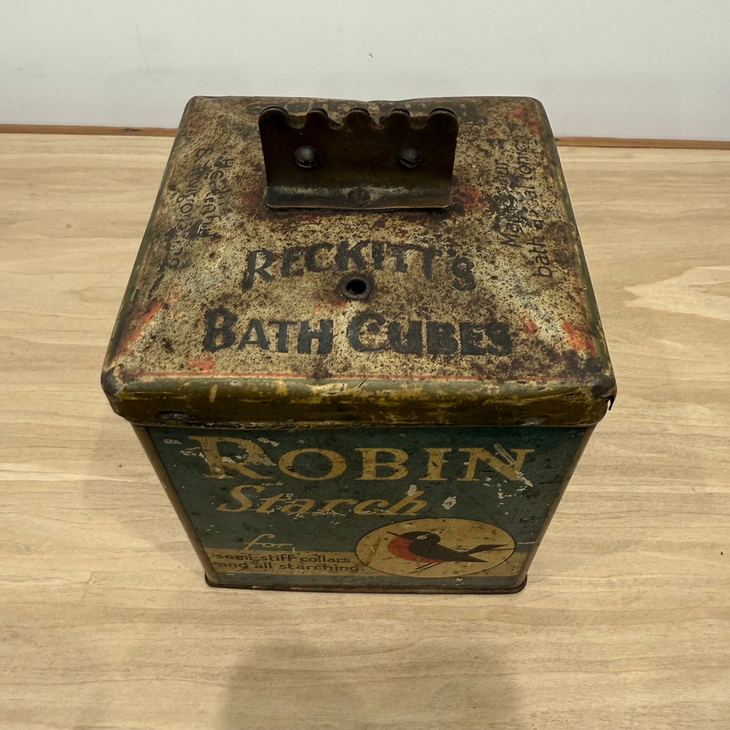 Antique Reckitt Robin Starch Brasso Zebo Advertising Tin String Dispenser c.1910