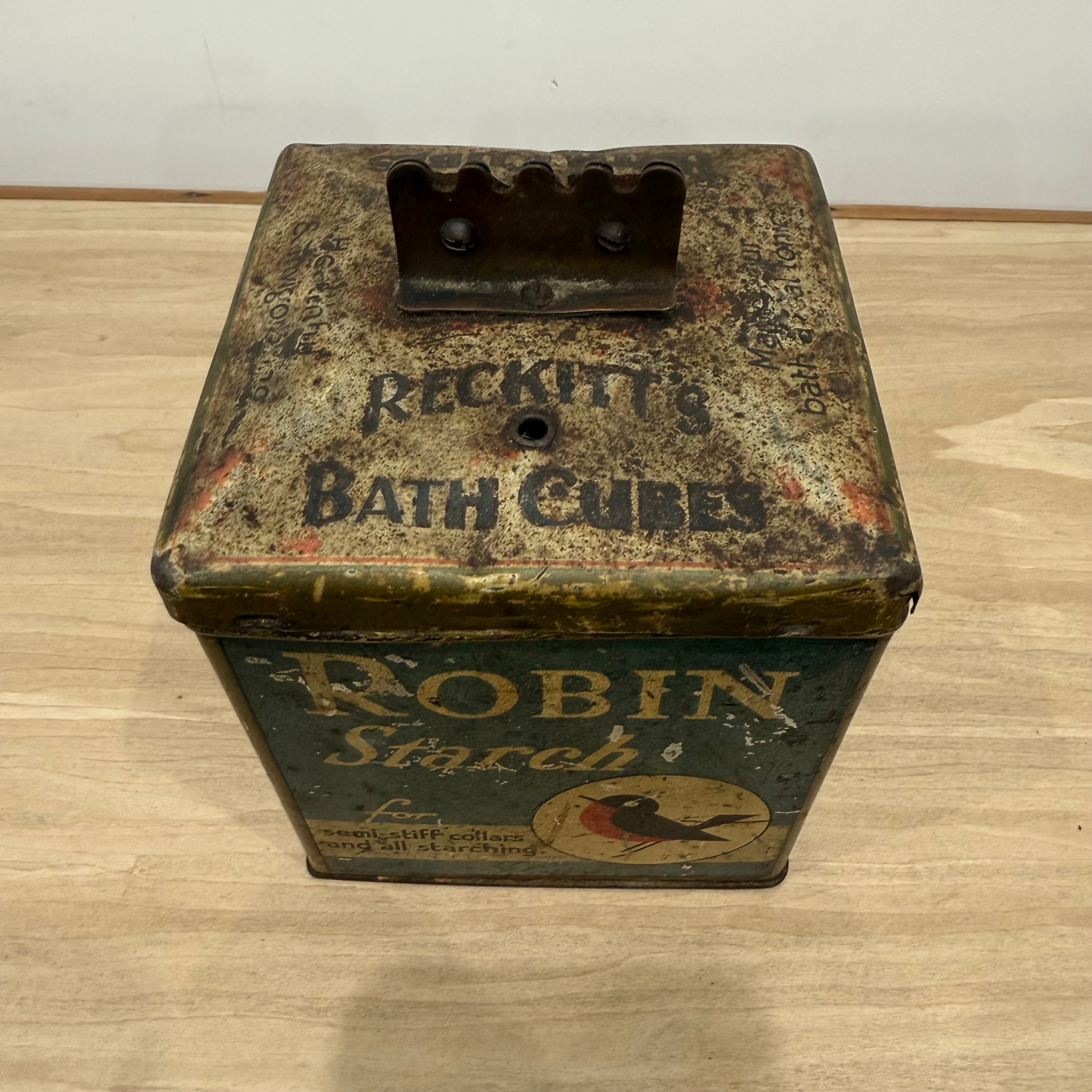 Antique Reckitt Robin Starch Brasso Zebo Advertising Tin String Dispenser c.1910