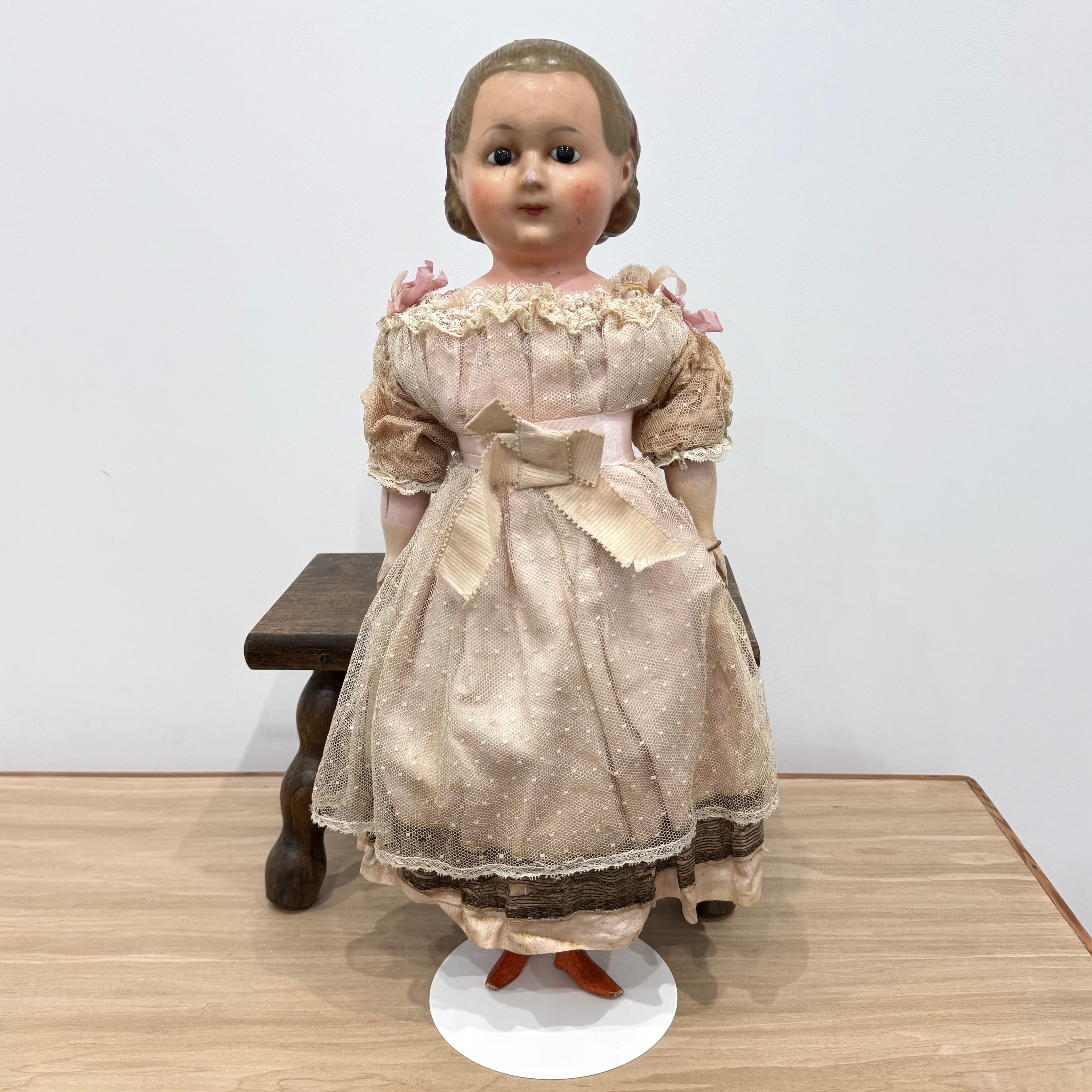 Antique Wax Head “Pumpkin Head” Doll with Original Dress c.1870