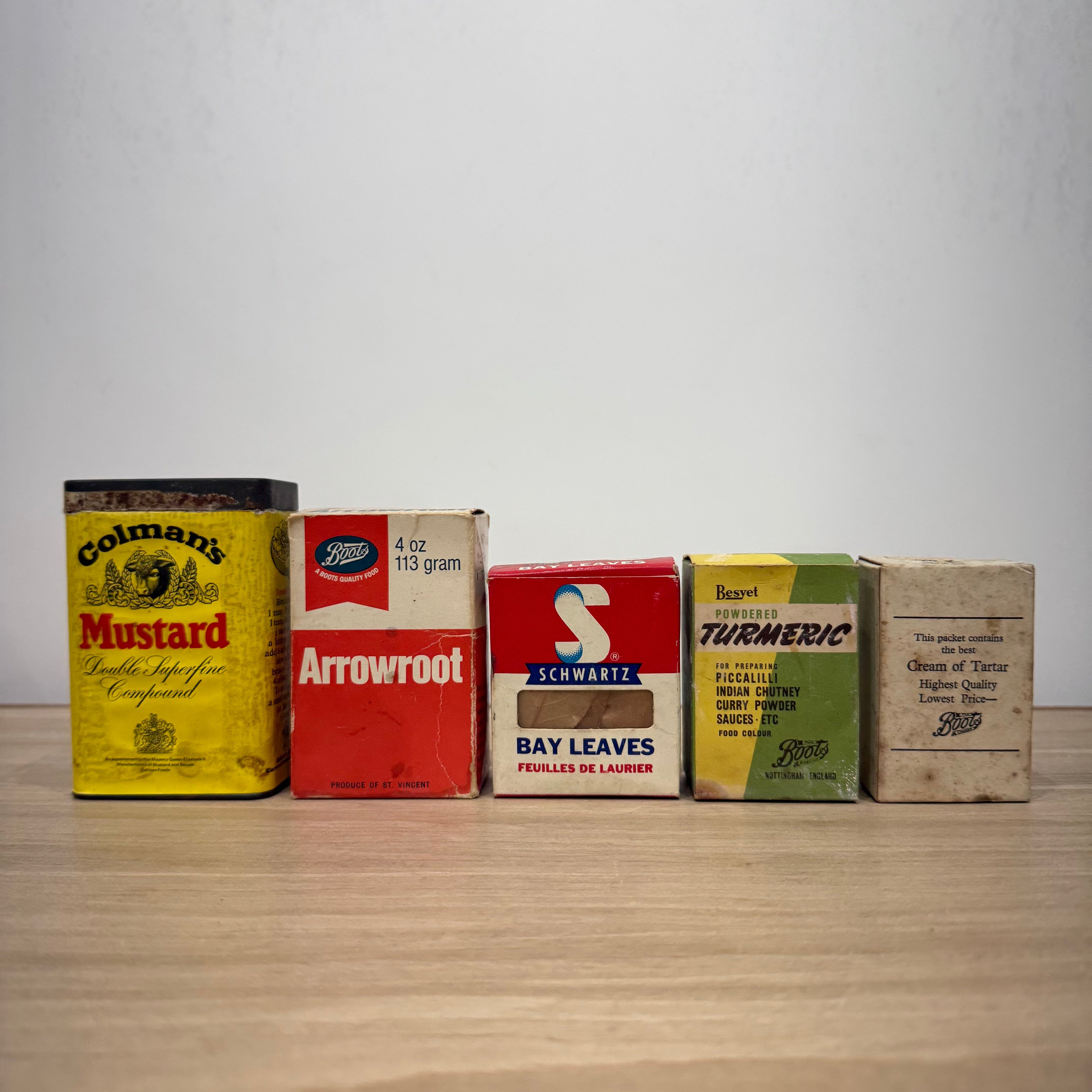 Vintage Pantry Packaging Group Colman’s Mustard Boots Schwartz Spices x5