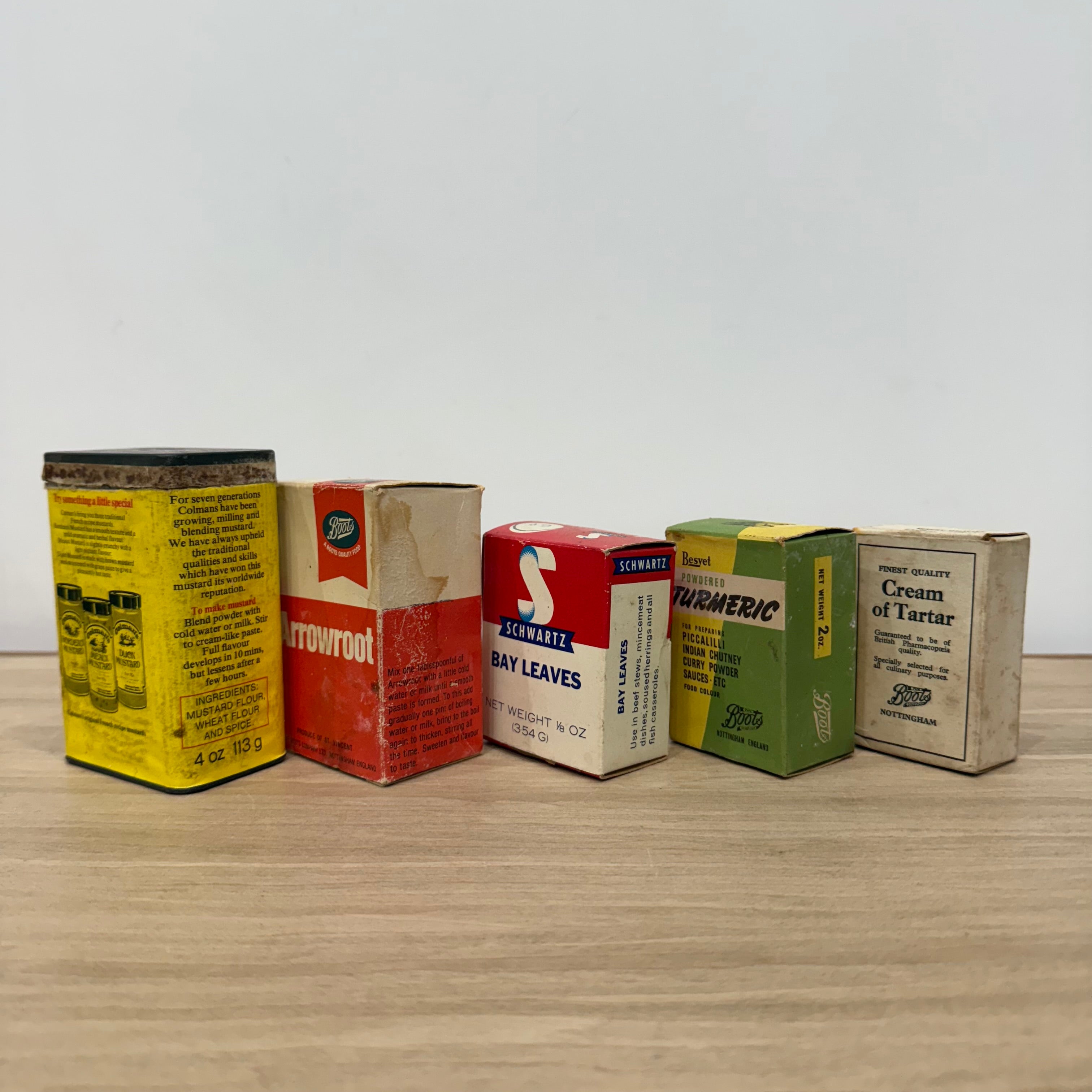 Vintage Pantry Packaging Group Colman’s Mustard Boots Schwartz Spices x5