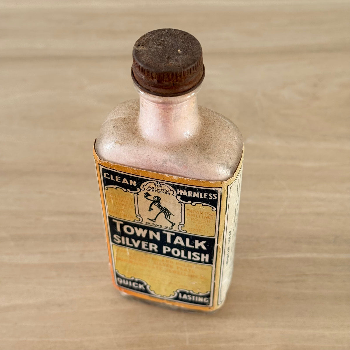 Vintage Town Talk Silver Polish Glass Bottle with Original Label