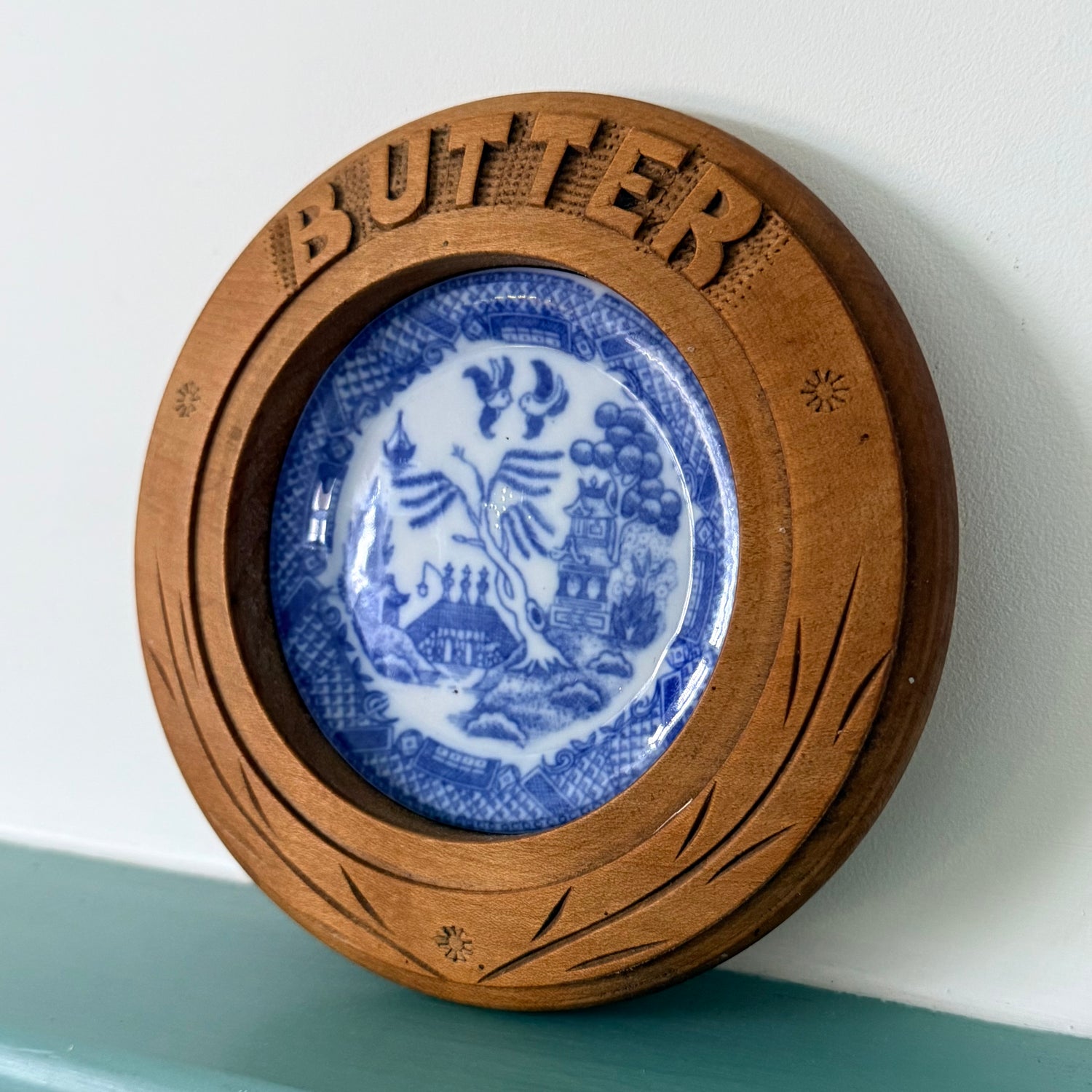 Antique Treen Butter Dish Wooden Surround with Blue Willow Insert