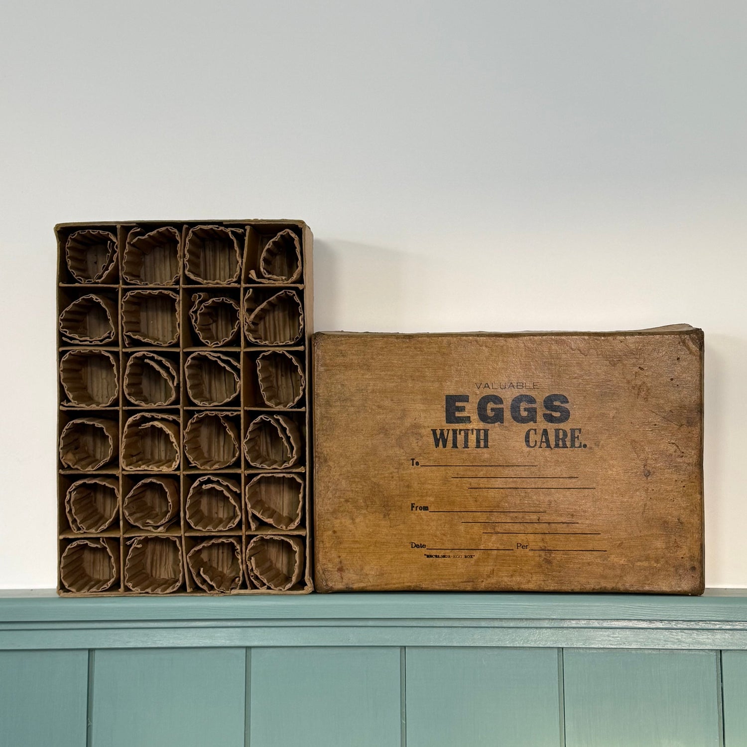 Vintage Cardboard Egg Shipping Box “Valuable Eggs With Care” with Dividers