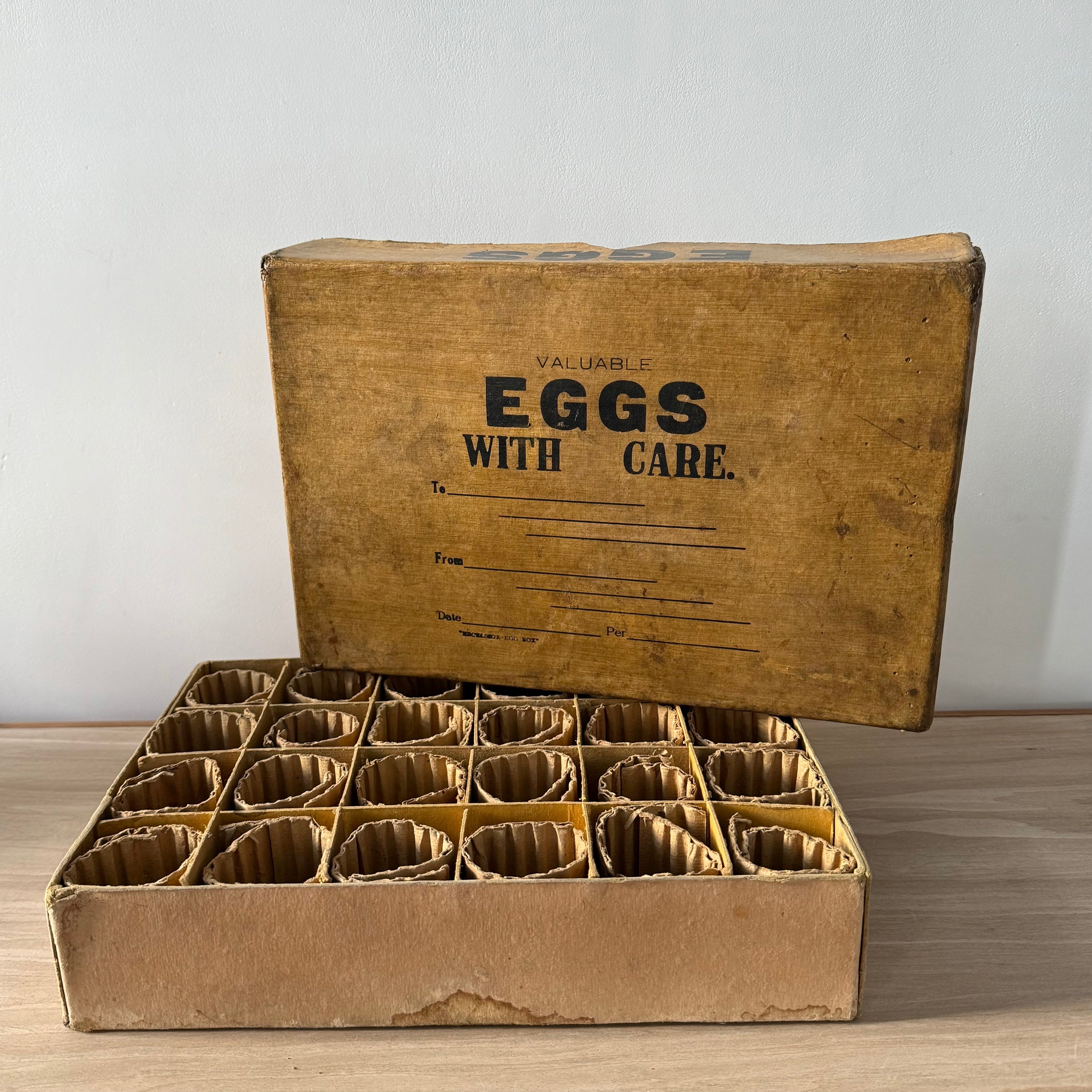 Vintage Cardboard Egg Shipping Box “Valuable Eggs With Care” with Dividers