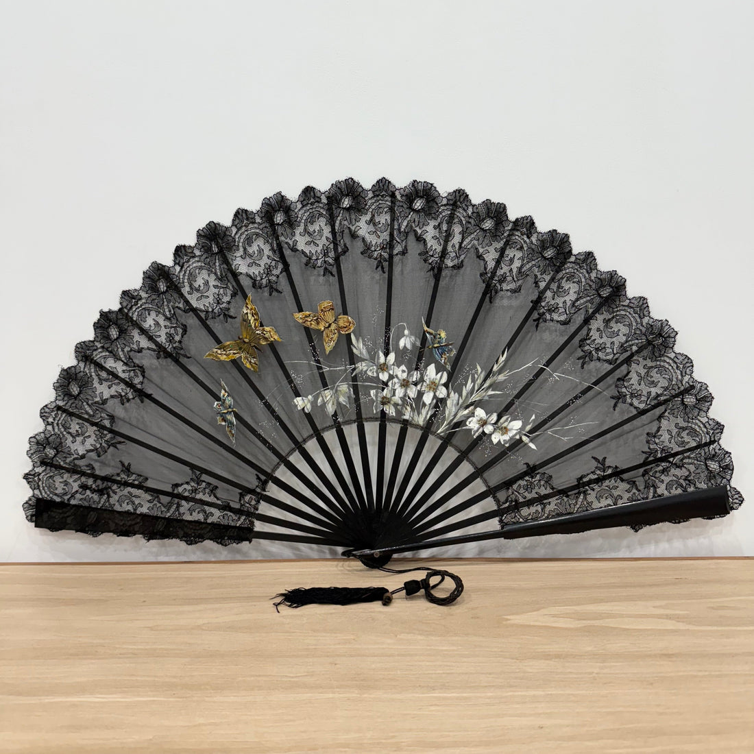 Antique Hand Painted Lace Fan with Butterflies Edwardian Black Mourning Style