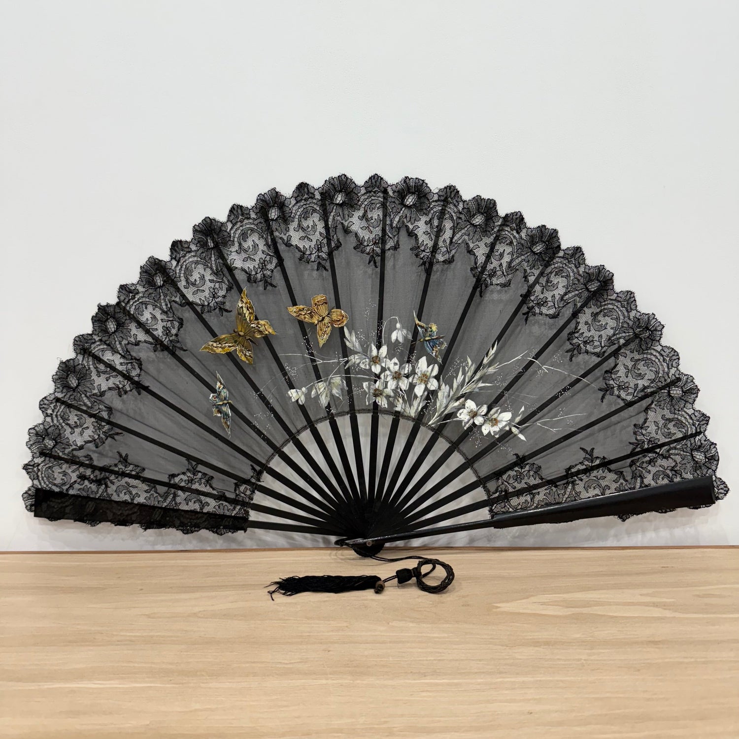 Antique Hand Painted Lace Fan with Butterflies Edwardian Black Mourning Style
