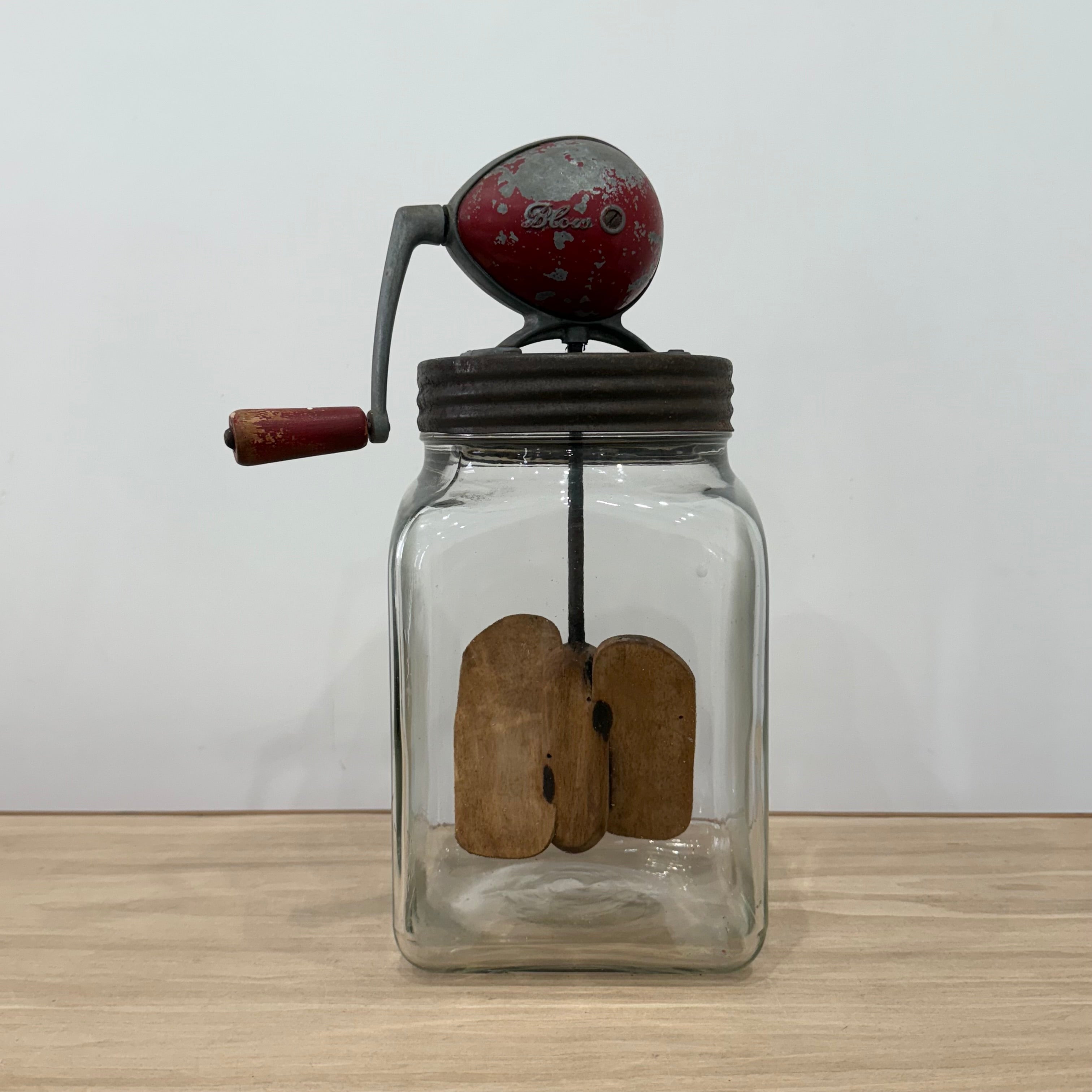 Blow Vintage Glass Butter Churn with Original Wooden Paddles