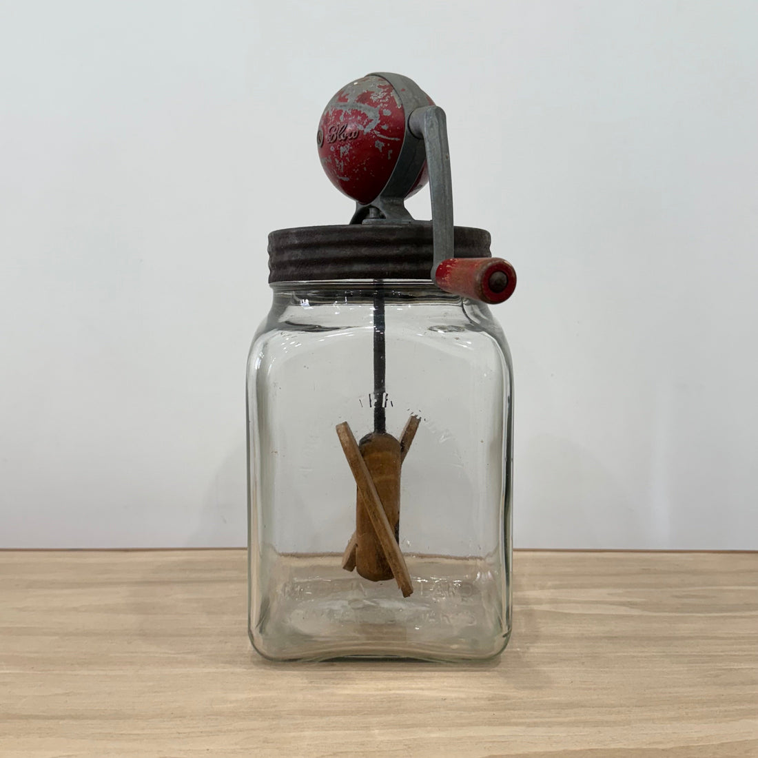 Blow Vintage Glass Butter Churn with Original Wooden Paddles