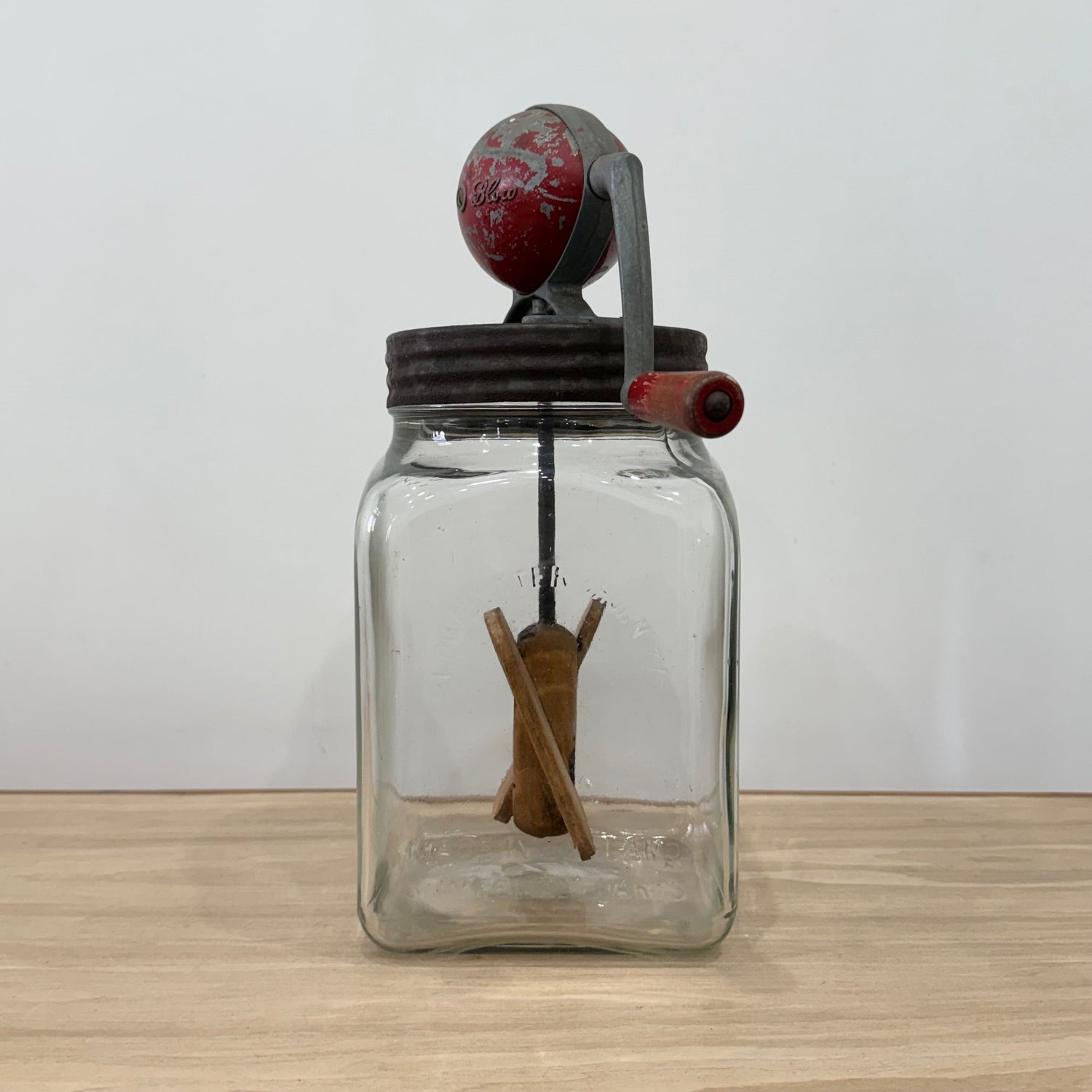 Blow Vintage Glass Butter Churn with Original Wooden Paddles