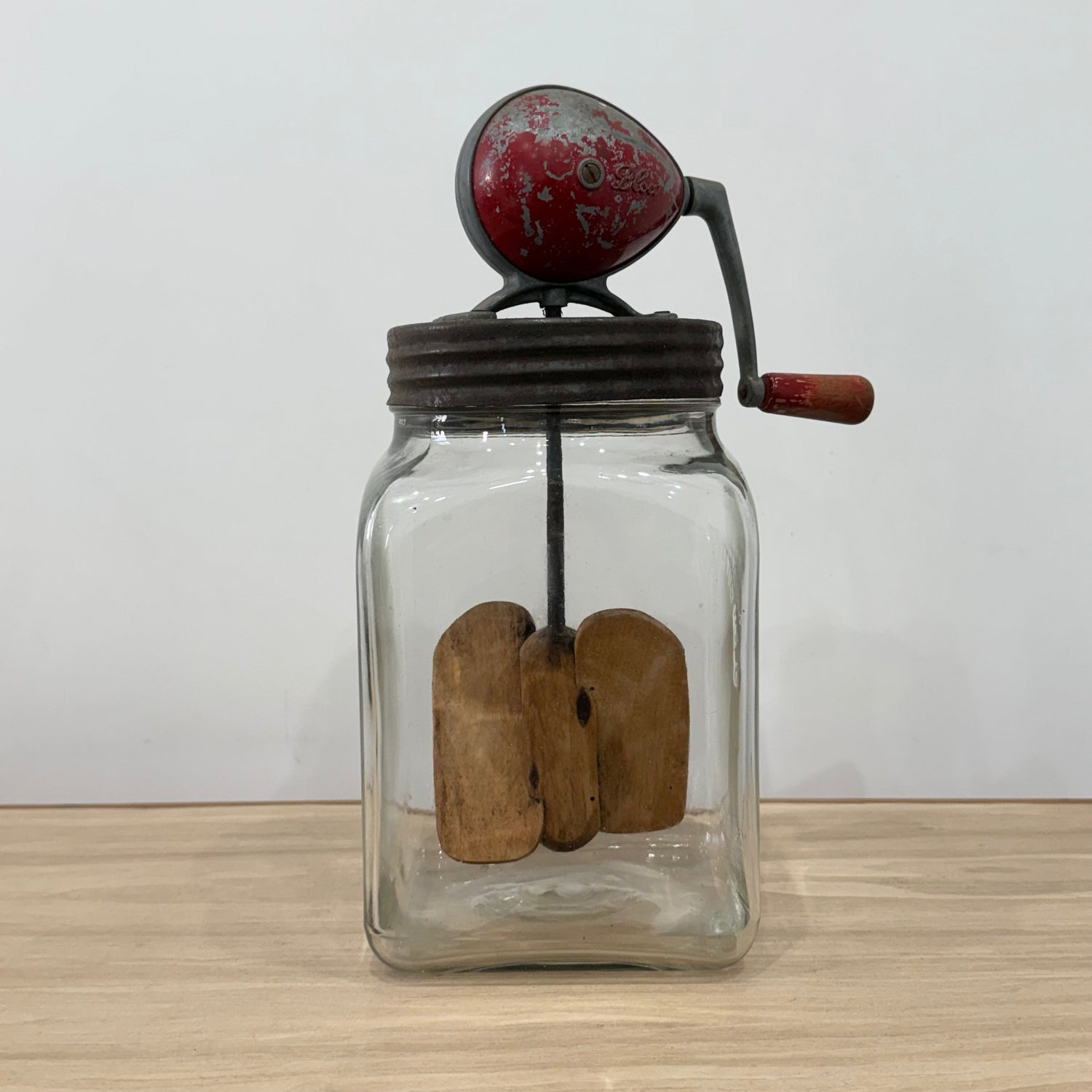 Blow Vintage Glass Butter Churn with Original Wooden Paddles