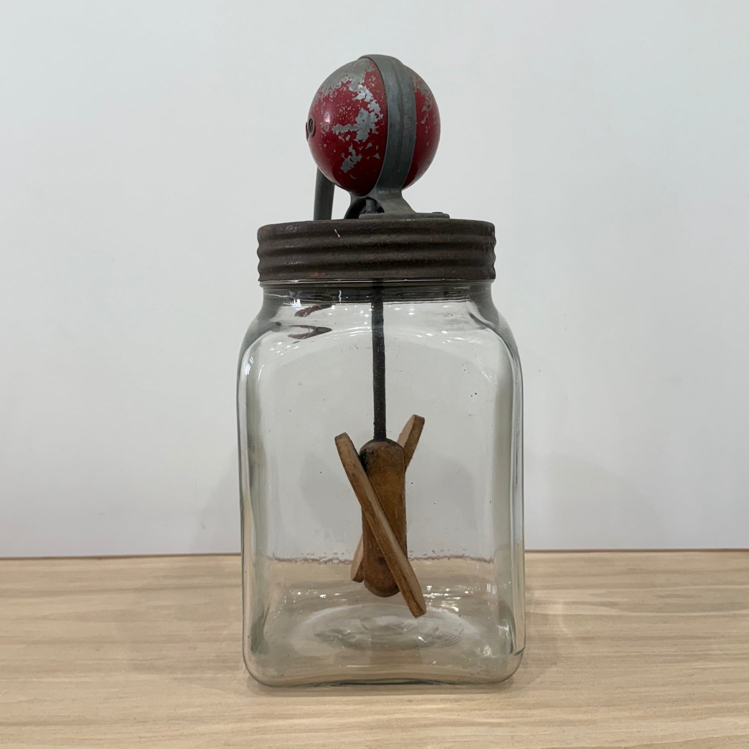Blow Vintage Glass Butter Churn with Original Wooden Paddles