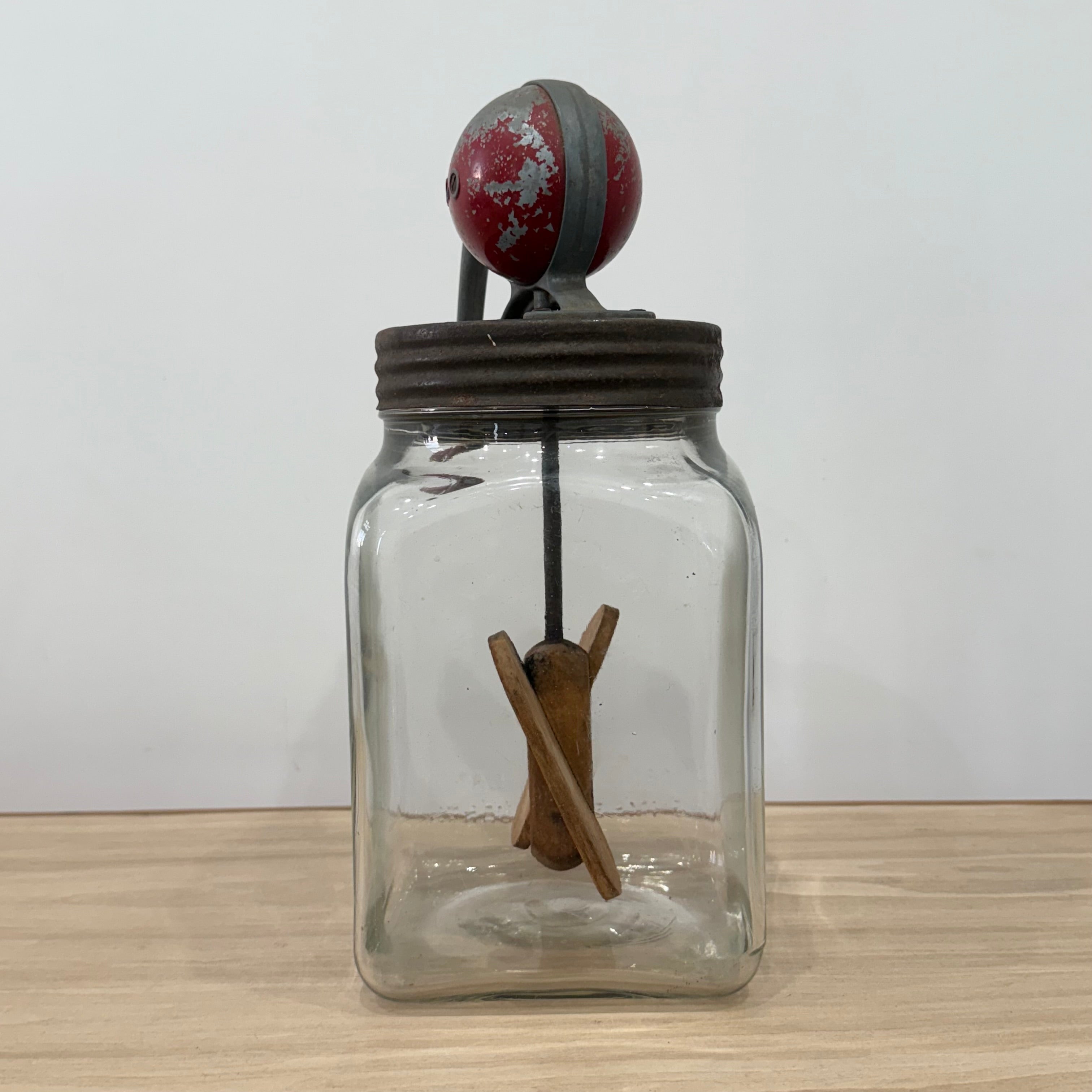 Blow Vintage Glass Butter Churn with Original Wooden Paddles