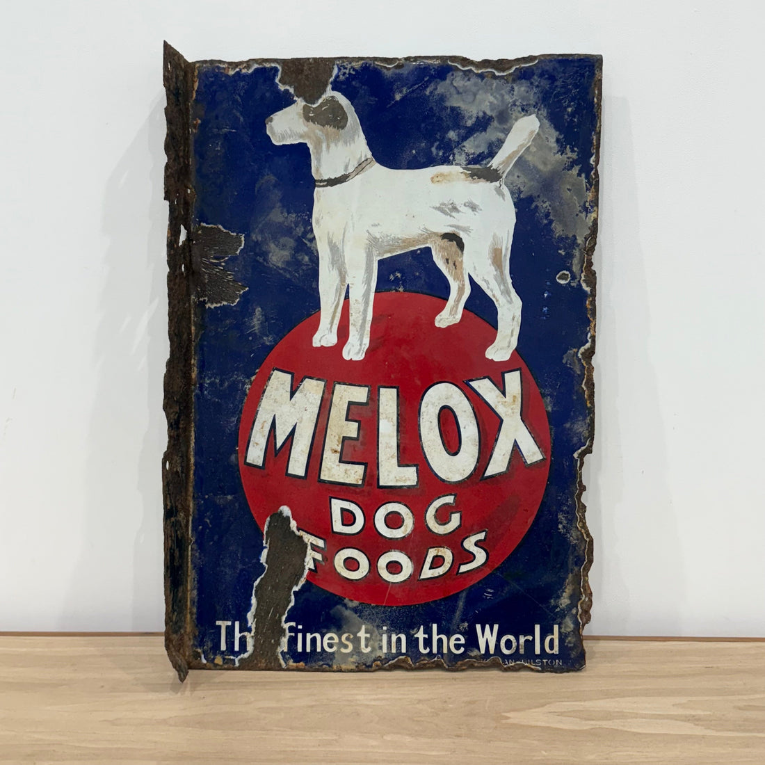 Rare early Melox Dog Foods pictorial enamel advertising sign with terrier