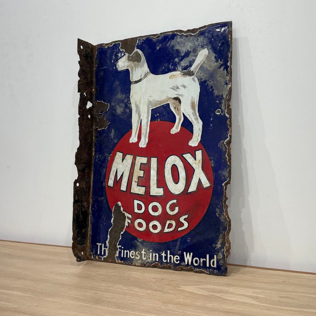 Rare early Melox Dog Foods pictorial enamel advertising sign with terrier