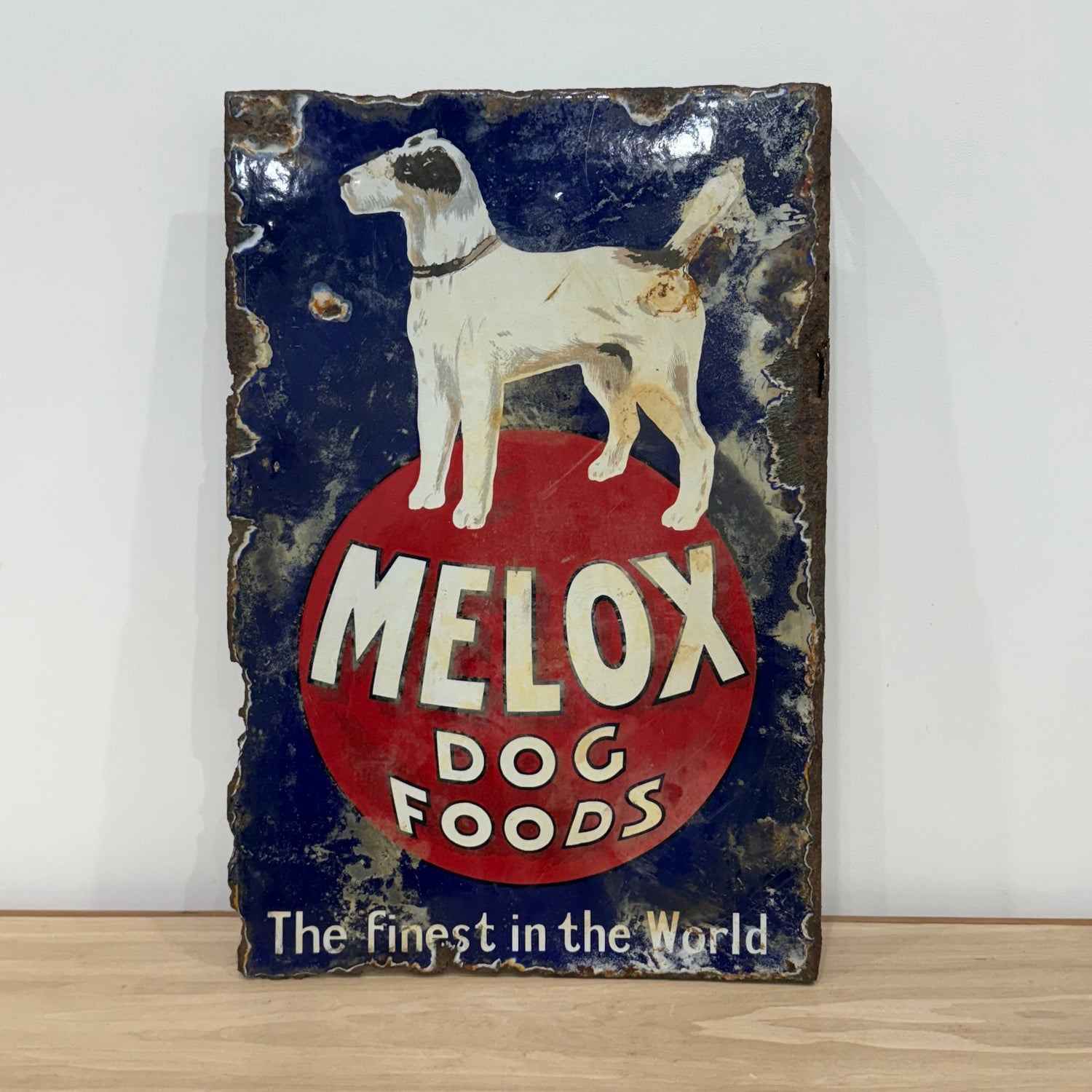 Rare early Melox Dog Foods pictorial enamel advertising sign with terrier