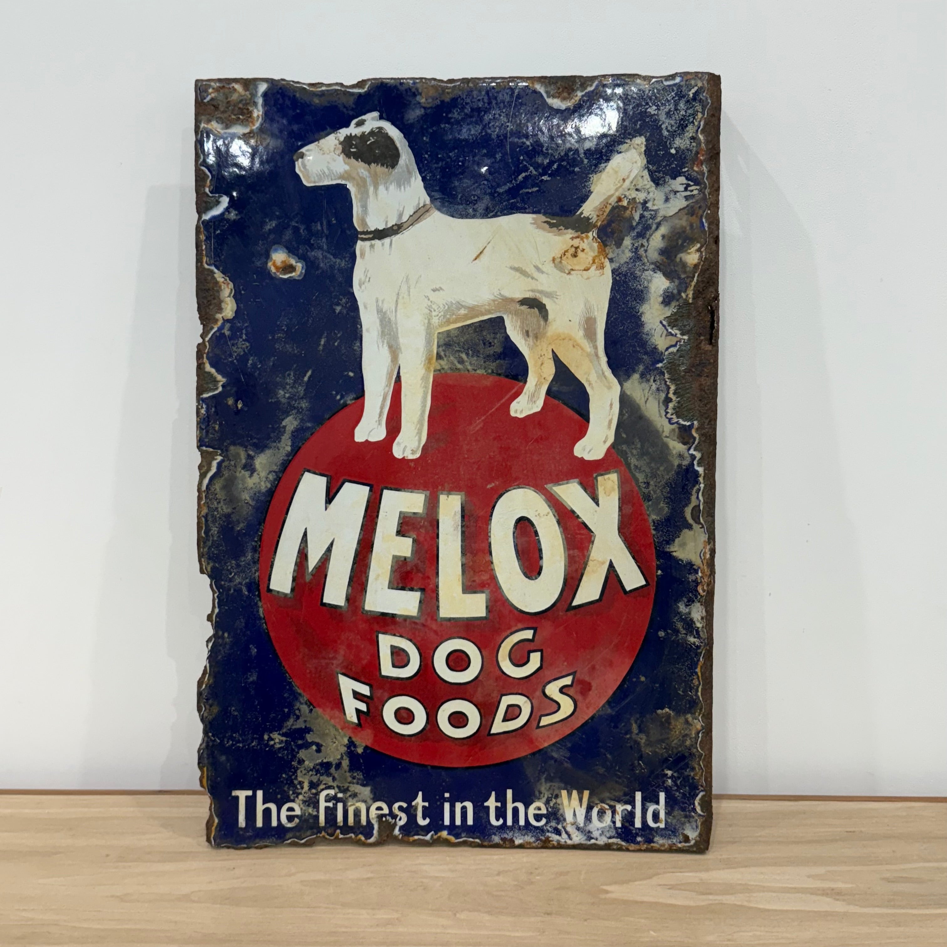 Rare early Melox Dog Foods pictorial enamel advertising sign with terrier