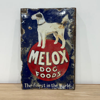 Rare early Melox Dog Foods pictorial enamel advertising sign with terrier