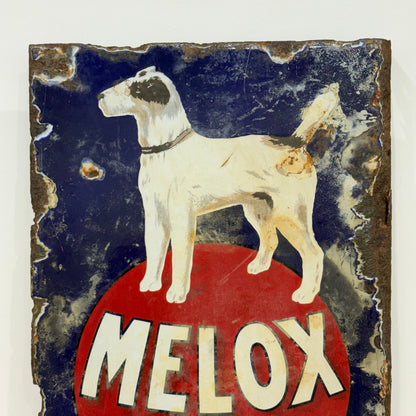 Rare early Melox Dog Foods pictorial enamel advertising sign with terrier
