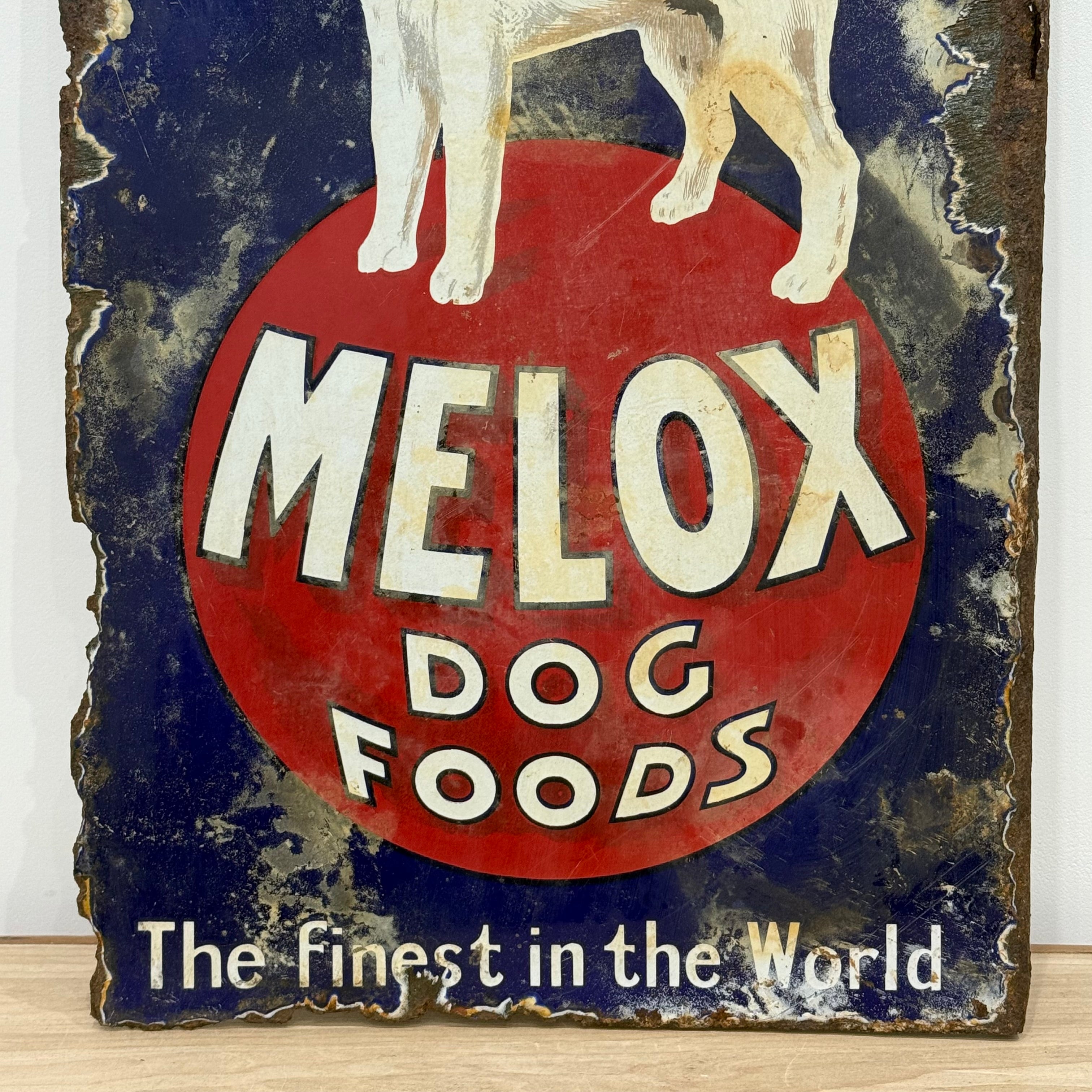 Rare early Melox Dog Foods pictorial enamel advertising sign with terrier