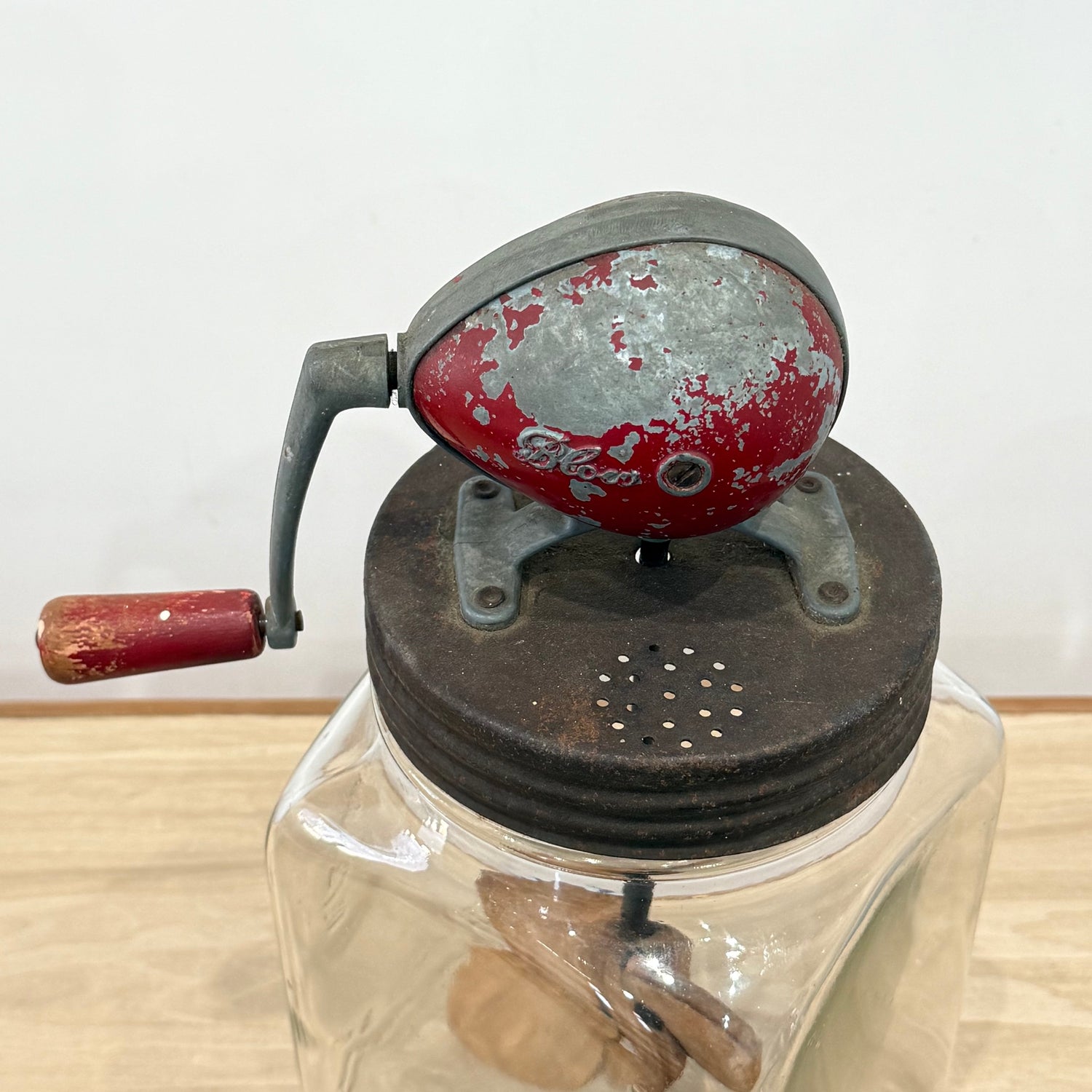 Blow Vintage Glass Butter Churn with Original Wooden Paddles