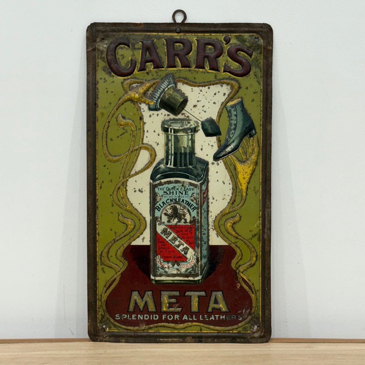 Carr’s META Leather Polish Embossed Tin Advertising Sign c.1910–1920