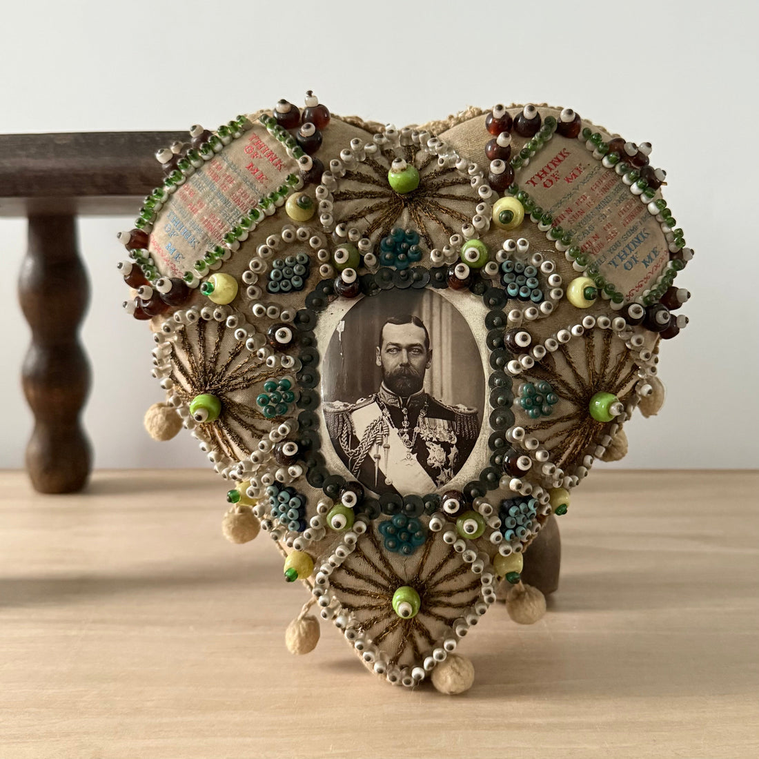 WWI Sweetheart Beaded Heart Pin Cushion with Portrait of Tsar Nicholas II