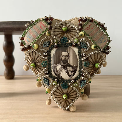 WWI Sweetheart Beaded Heart Pin Cushion with Portrait of Tsar Nicholas II