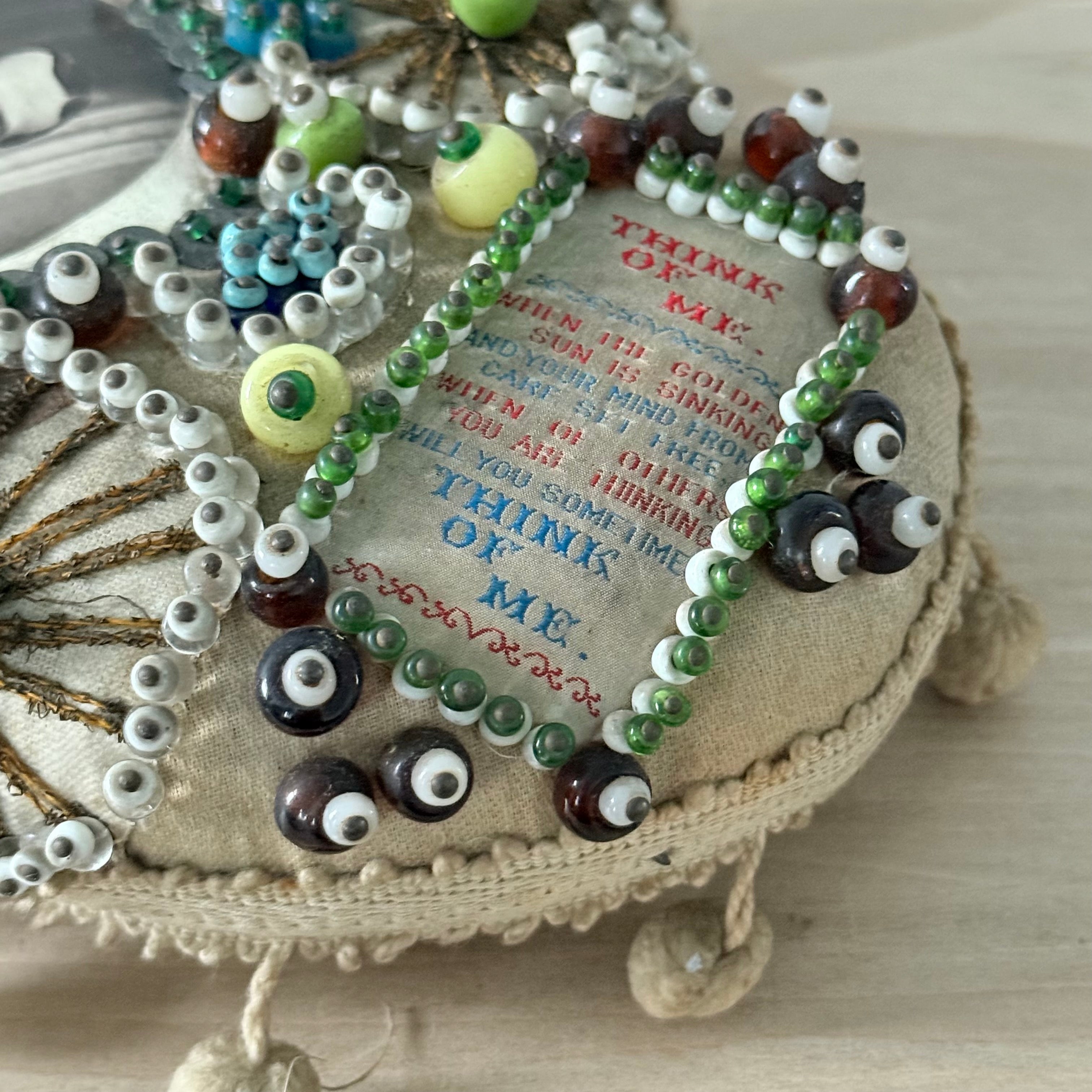 WWI Sweetheart Beaded Heart Pin Cushion with Portrait of Tsar Nicholas II