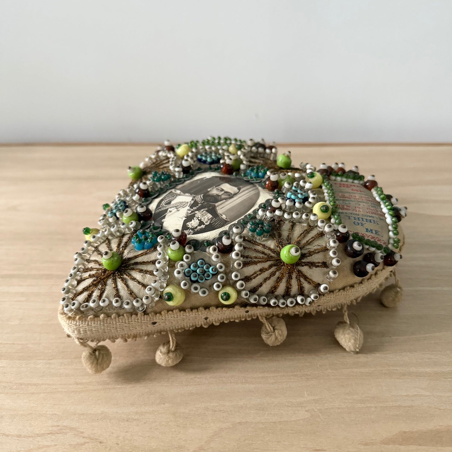 WWI Sweetheart Beaded Heart Pin Cushion with Portrait of Tsar Nicholas II
