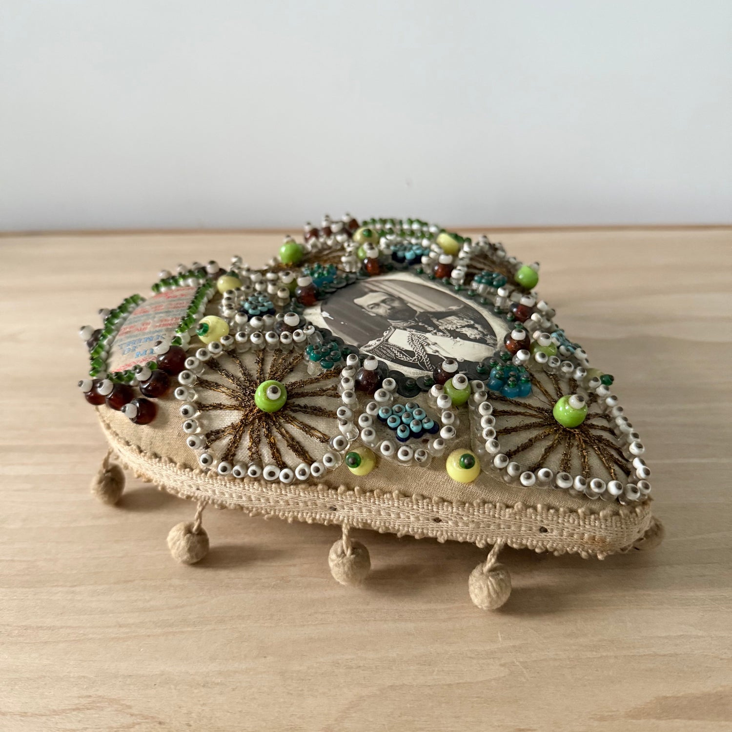 WWI Sweetheart Beaded Heart Pin Cushion with Portrait of Tsar Nicholas II
