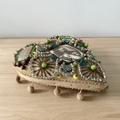 WWI Sweetheart Beaded Heart Pin Cushion with Portrait of Tsar Nicholas II