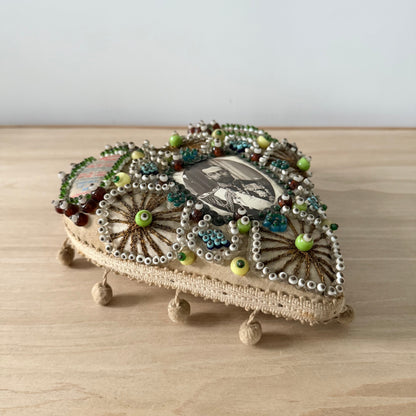 WWI Sweetheart Beaded Heart Pin Cushion with Portrait of Tsar Nicholas II