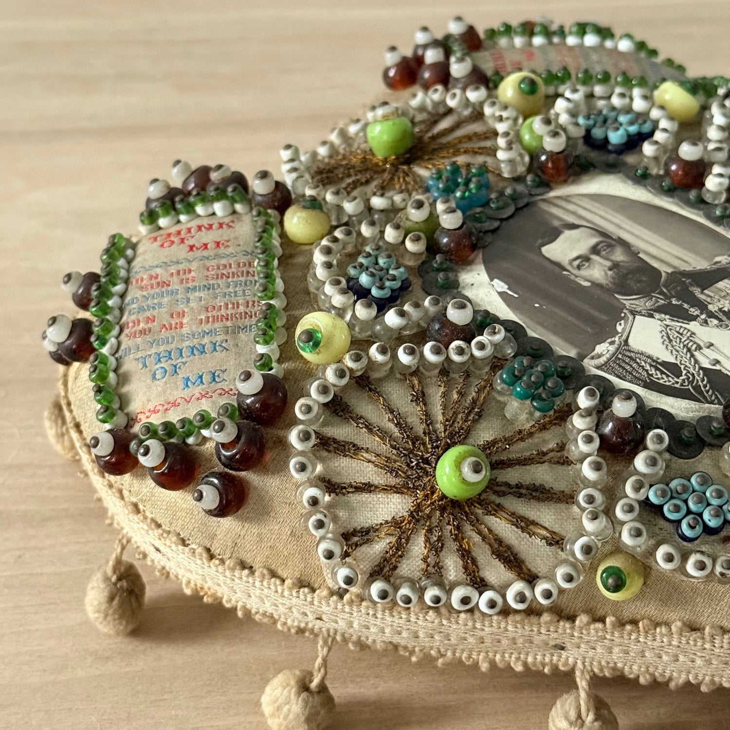 WWI Sweetheart Beaded Heart Pin Cushion with Portrait of Tsar Nicholas II